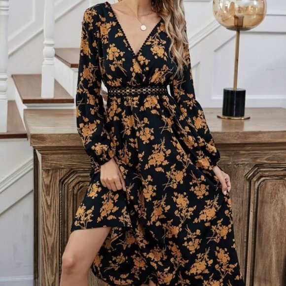 black floral print v neck ruffle long sleeve dress - Picture 2 of 6